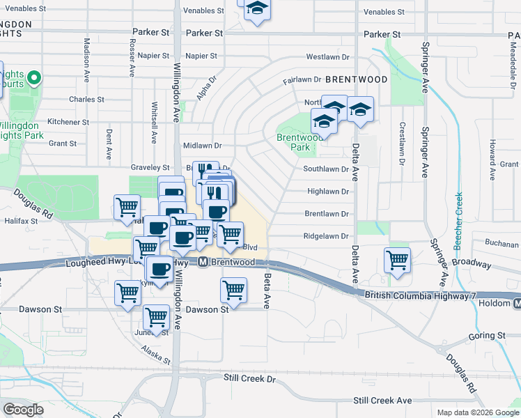 map of restaurants, bars, coffee shops, grocery stores, and more near 4656 Brentlawn Drive in Burnaby