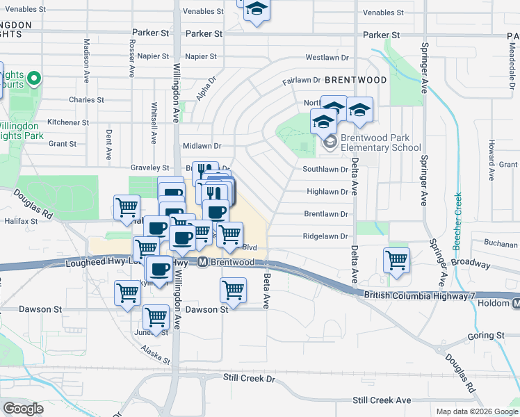 map of restaurants, bars, coffee shops, grocery stores, and more near 4656 Brentlawn Drive in Burnaby