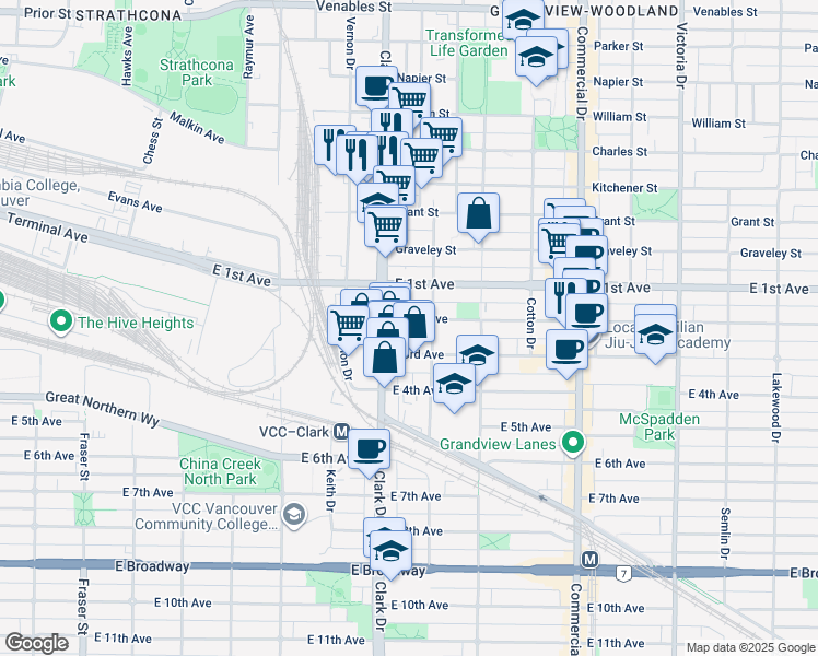 map of restaurants, bars, coffee shops, grocery stores, and more near 1346 East 2nd Avenue in Vancouver