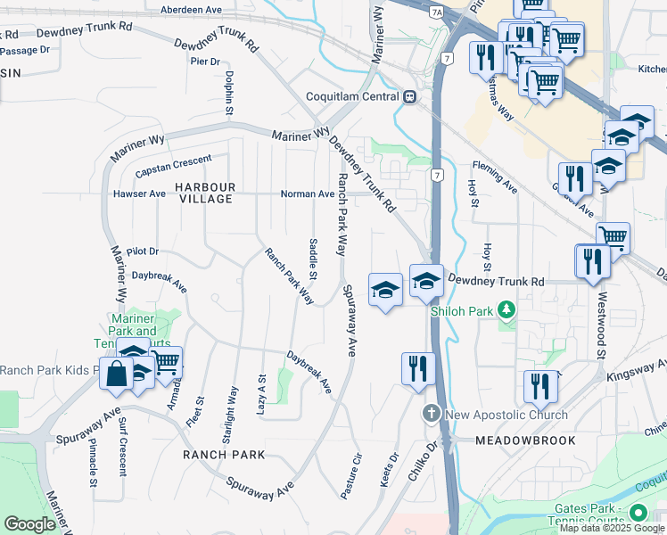 map of restaurants, bars, coffee shops, grocery stores, and more near 970 Ranch Park Way in Coquitlam