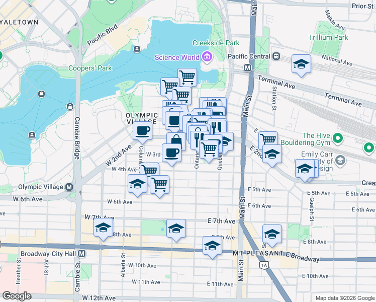 map of restaurants, bars, coffee shops, grocery stores, and more near 25 West 3rd Avenue in Vancouver
