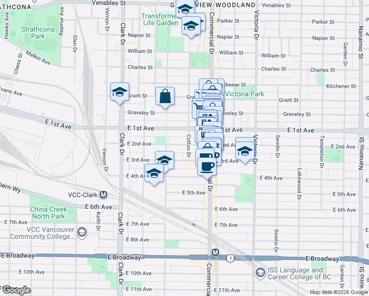 map of restaurants, bars, coffee shops, grocery stores, and more near 1582 East 2nd Avenue in Vancouver