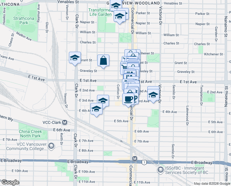 map of restaurants, bars, coffee shops, grocery stores, and more near 1582 East 2nd Avenue in Vancouver