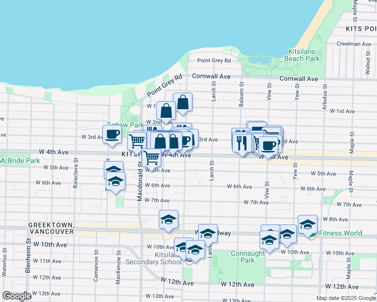 map of restaurants, bars, coffee shops, grocery stores, and more near 2583 West 4th Avenue in Vancouver