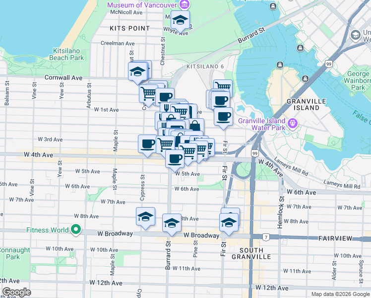 map of restaurants, bars, coffee shops, grocery stores, and more near 1738 West 3rd Avenue in Vancouver