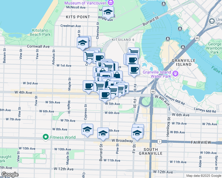 map of restaurants, bars, coffee shops, grocery stores, and more near 1738 West 3rd Avenue in Vancouver