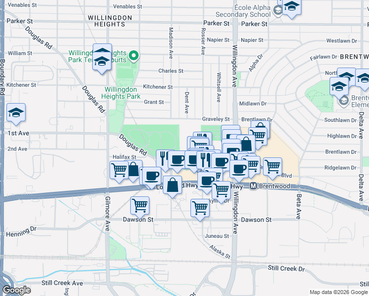 map of restaurants, bars, coffee shops, grocery stores, and more near 4363 Halifax Street in Burnaby