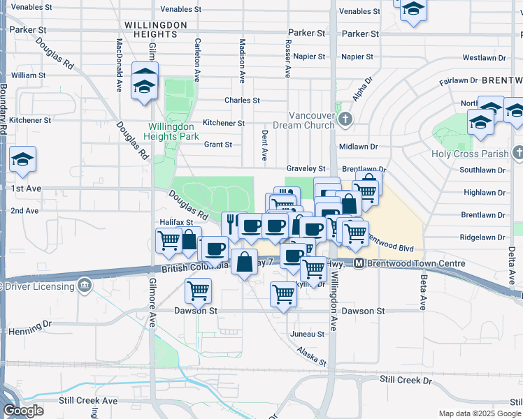 map of restaurants, bars, coffee shops, grocery stores, and more near 4363 Halifax Street in Burnaby