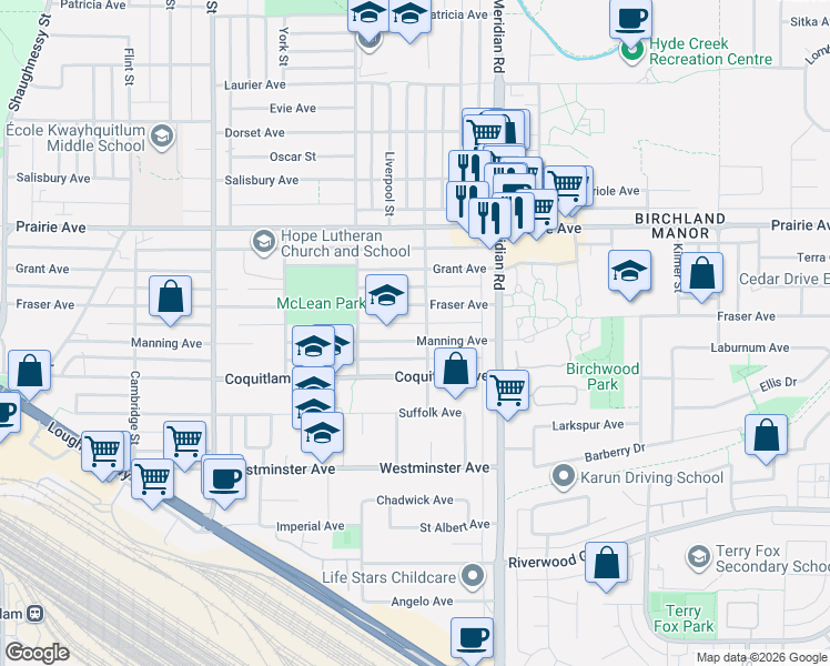 map of restaurants, bars, coffee shops, grocery stores, and more near 1619 Manning Avenue in Port Coquitlam