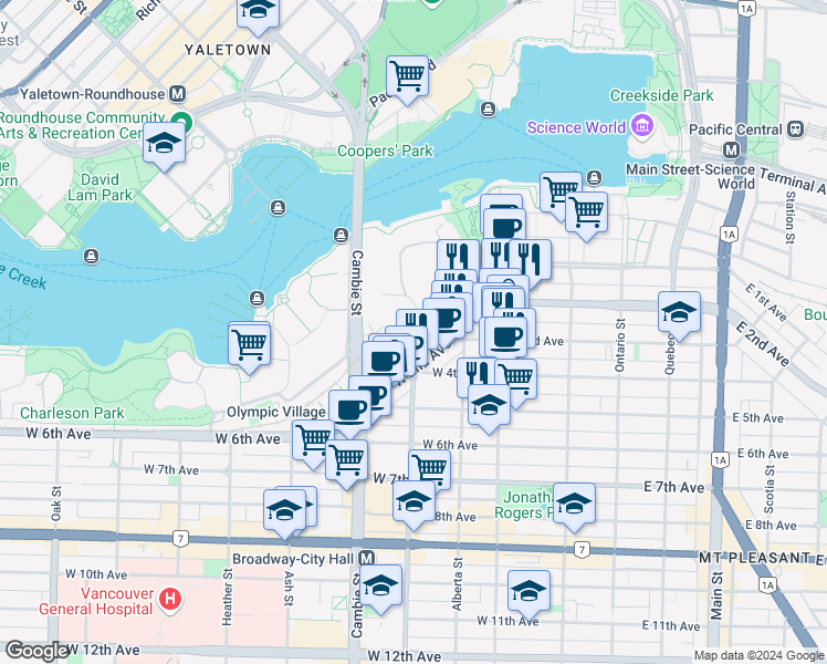 map of restaurants, bars, coffee shops, grocery stores, and more near 1833 Crowe Street in Vancouver