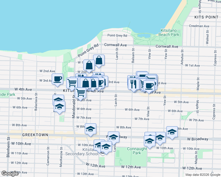 map of restaurants, bars, coffee shops, grocery stores, and more near 2525 West 4th Avenue in Vancouver