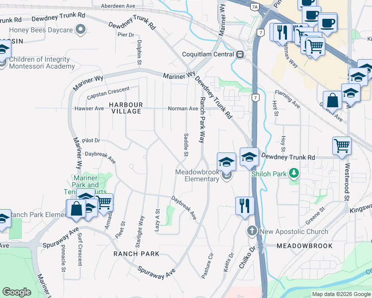 map of restaurants, bars, coffee shops, grocery stores, and more near Saddle Street in Coquitlam