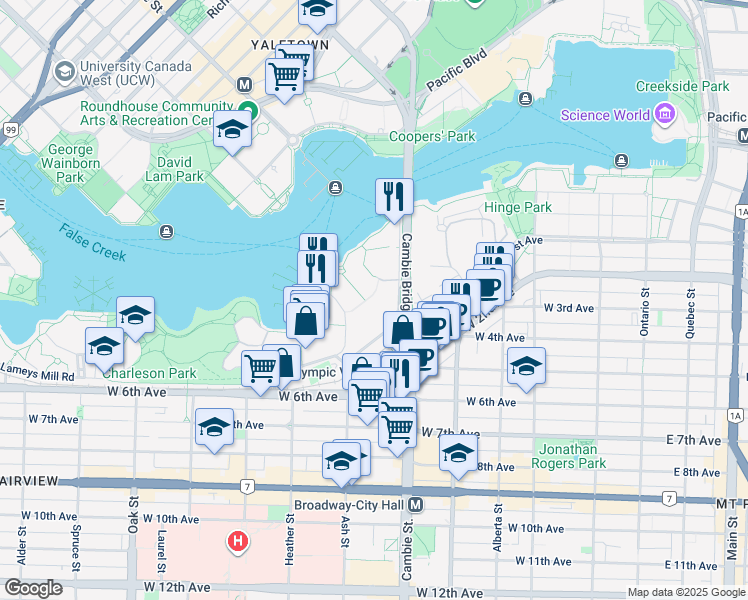 map of restaurants, bars, coffee shops, grocery stores, and more near 500 Starboard Square in Vancouver