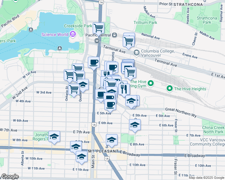 map of restaurants, bars, coffee shops, grocery stores, and more near 308 Industrial Avenue in Vancouver