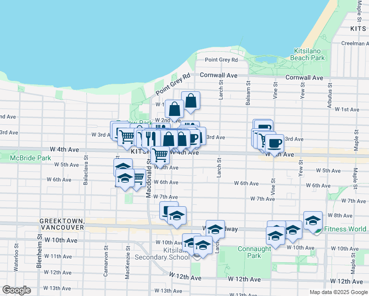 map of restaurants, bars, coffee shops, grocery stores, and more near 2583 West 4th Avenue in Vancouver