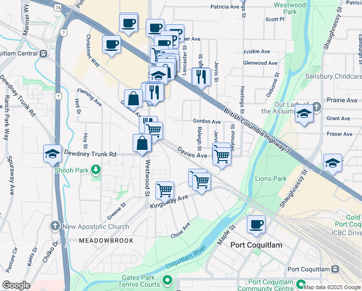 map of restaurants, bars, coffee shops, grocery stores, and more near 2705 Davies Avenue in Port Coquitlam
