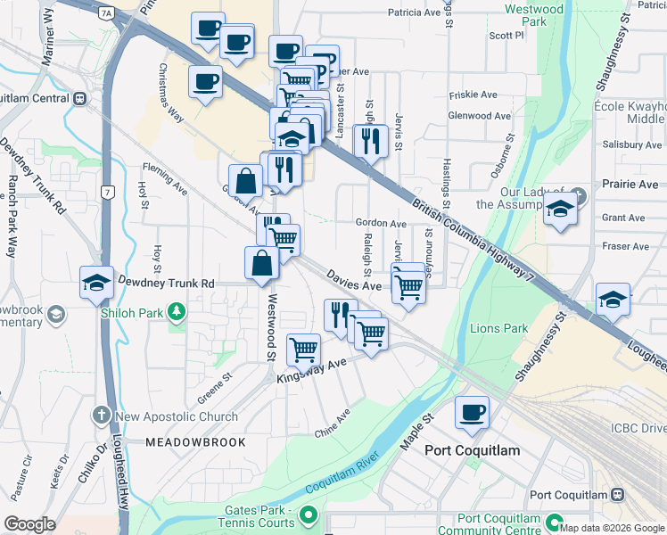 map of restaurants, bars, coffee shops, grocery stores, and more near 2705 Davies Avenue in Port Coquitlam