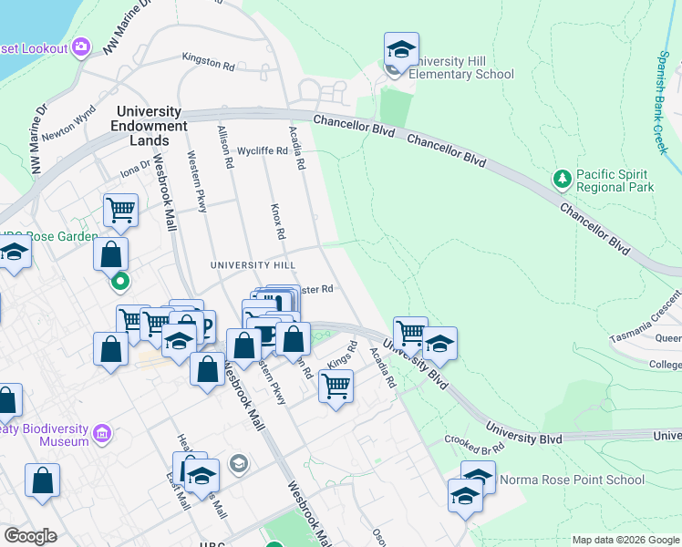 map of restaurants, bars, coffee shops, grocery stores, and more near 1988 Acadia Road in Vancouver
