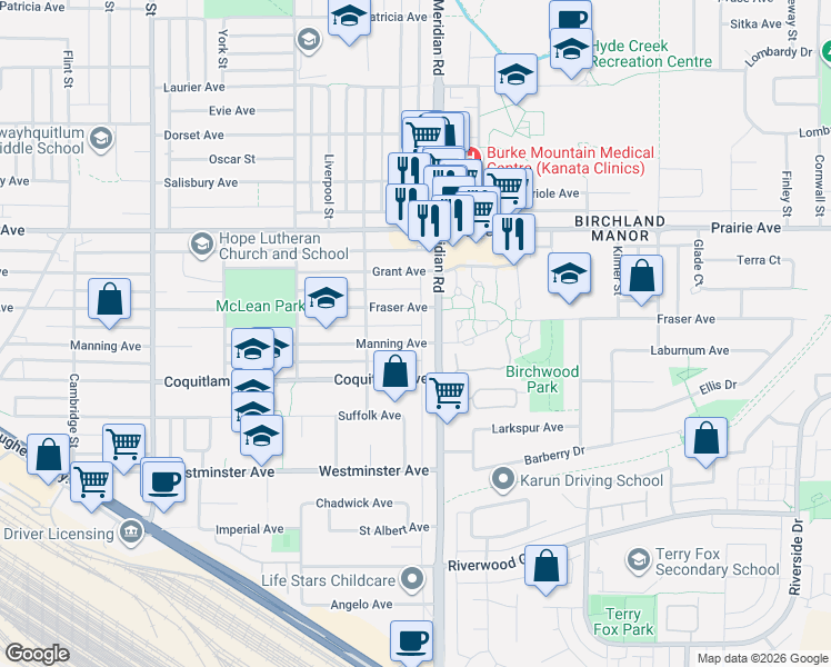 map of restaurants, bars, coffee shops, grocery stores, and more near 1533 Manning Avenue in Port Coquitlam