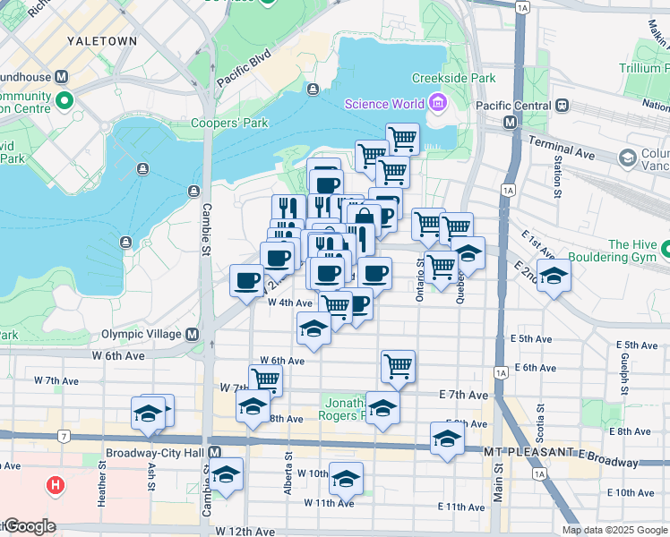 map of restaurants, bars, coffee shops, grocery stores, and more near in Vancouver