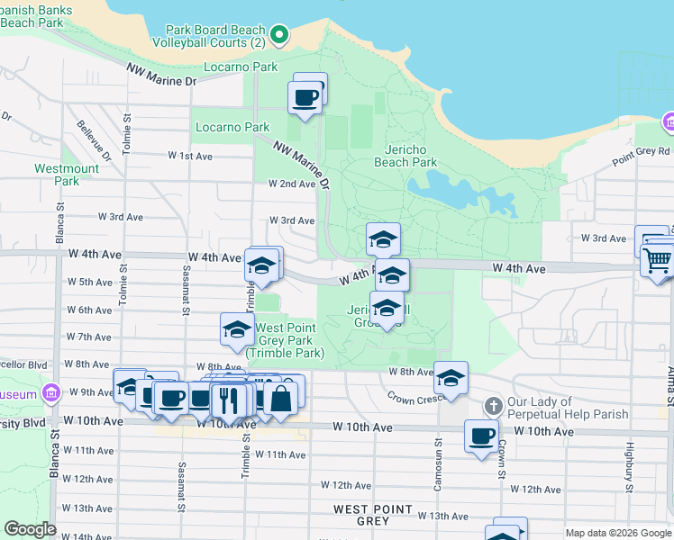 map of restaurants, bars, coffee shops, grocery stores, and more near 4245 Nautilus Close in Vancouver