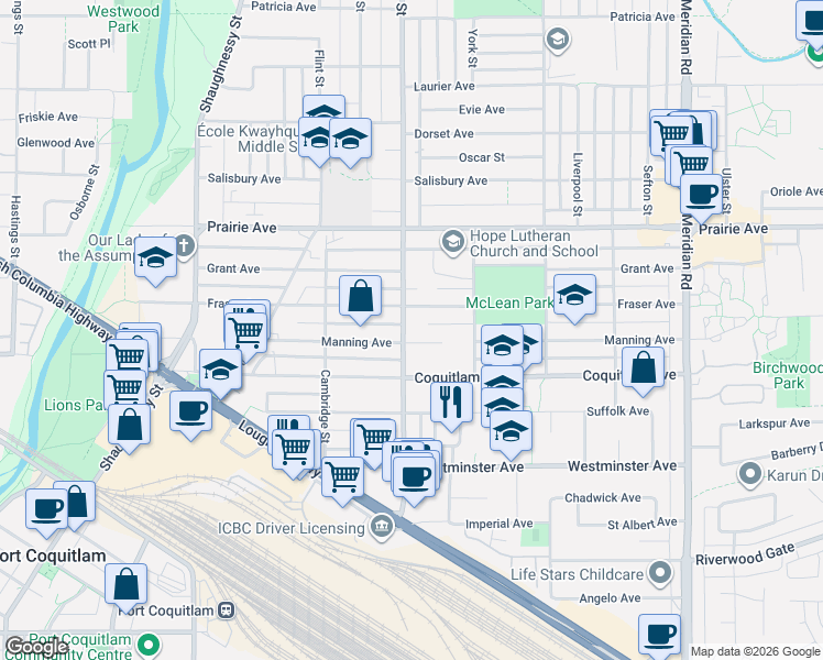 map of restaurants, bars, coffee shops, grocery stores, and more near 3080 Oxford Street in Port Coquitlam