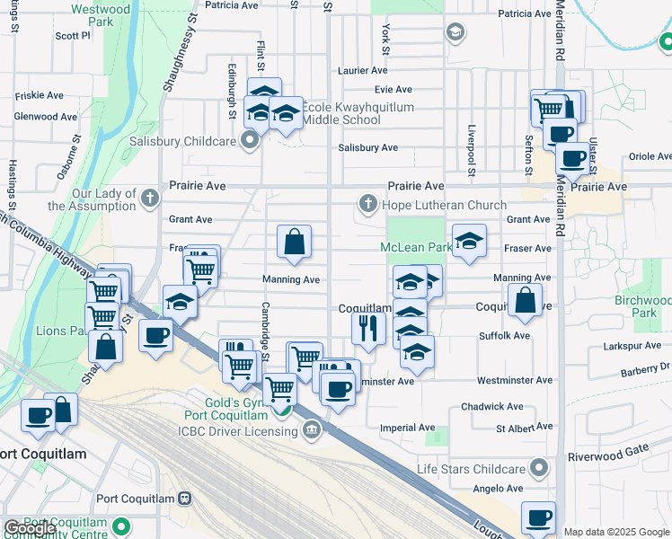 map of restaurants, bars, coffee shops, grocery stores, and more near 3080 Oxford Street in Port Coquitlam