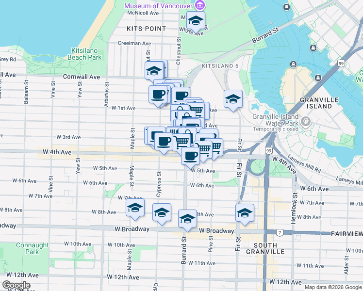 map of restaurants, bars, coffee shops, grocery stores, and more near 1770 West 3rd Avenue in Vancouver