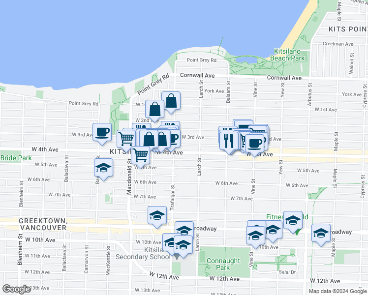 map of restaurants, bars, coffee shops, grocery stores, and more near in Vancouver