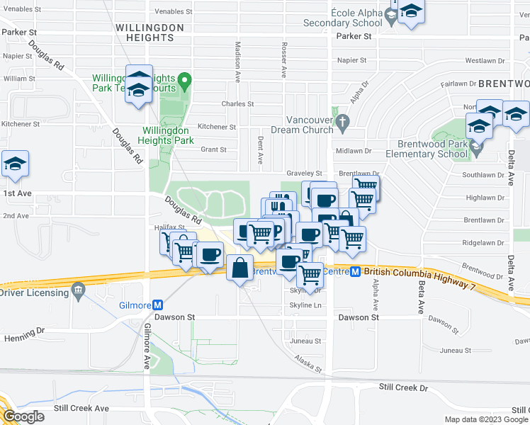 map of restaurants, bars, coffee shops, grocery stores, and more near 4363 Halifax Street in Burnaby
