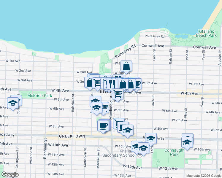 map of restaurants, bars, coffee shops, grocery stores, and more near 2803 West 4th Avenue in Vancouver