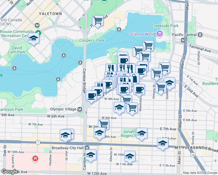 map of restaurants, bars, coffee shops, grocery stores, and more near 275 West 2nd Avenue in Vancouver