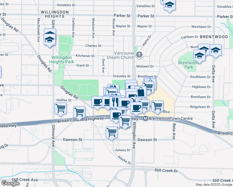 map of restaurants, bars, coffee shops, grocery stores, and more near 4425 Halifax Street in Burnaby