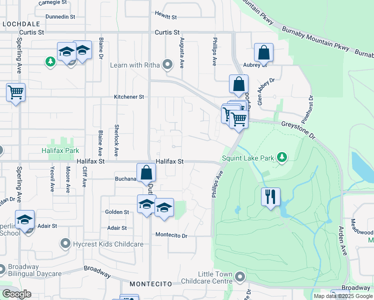 map of restaurants, bars, coffee shops, grocery stores, and more near 1750 Augusta Avenue in Burnaby