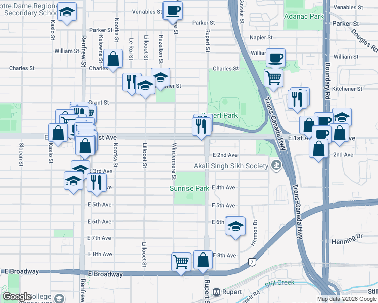 map of restaurants, bars, coffee shops, grocery stores, and more near 3247 East 2nd Avenue in Vancouver