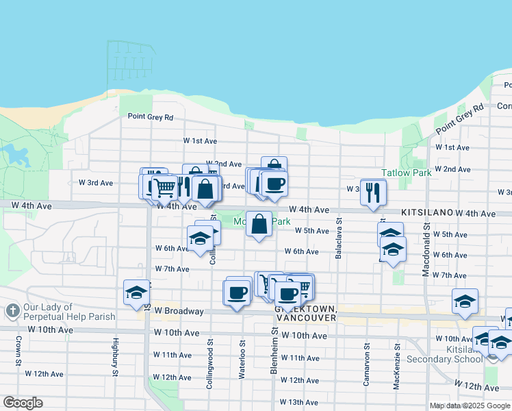 map of restaurants, bars, coffee shops, grocery stores, and more near 3335 West 4th Avenue in Vancouver