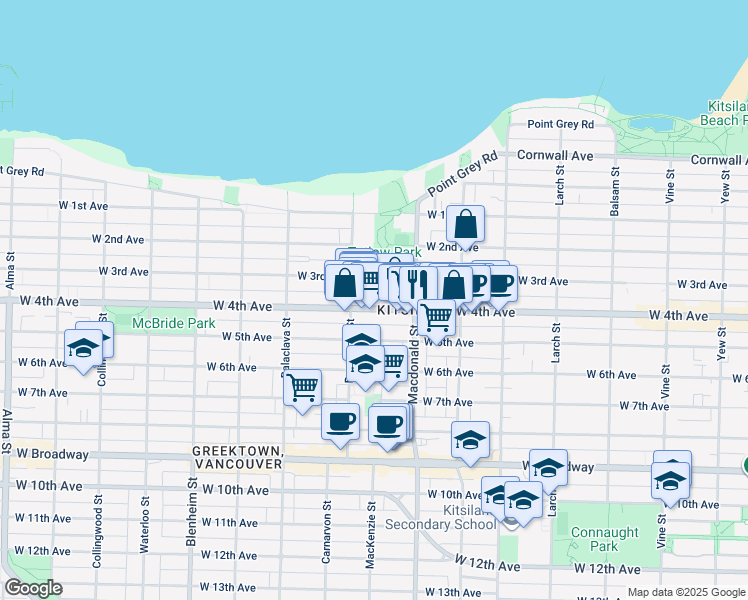 map of restaurants, bars, coffee shops, grocery stores, and more near 2929 West 4th Avenue in Vancouver