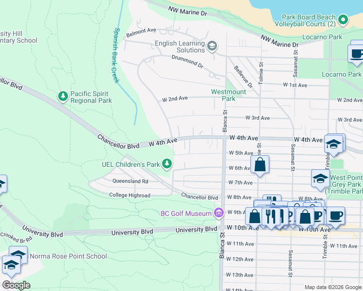 map of restaurants, bars, coffee shops, grocery stores, and more near 4786 West 4th Avenue in Vancouver