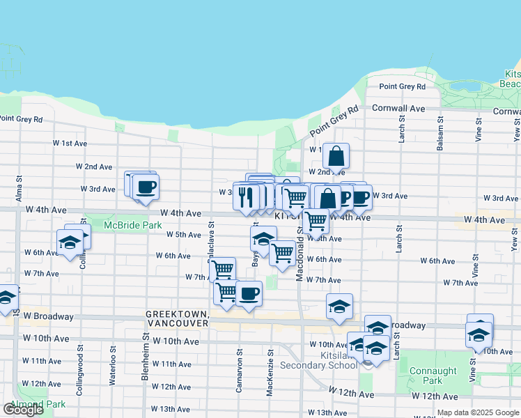 map of restaurants, bars, coffee shops, grocery stores, and more near 2916 West 4th Avenue in Vancouver