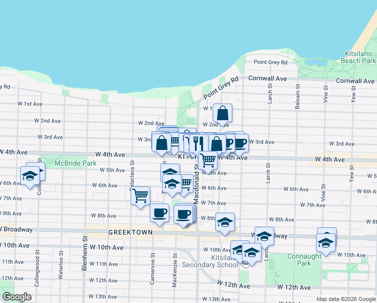 map of restaurants, bars, coffee shops, grocery stores, and more near 1981 Macdonald Street in Vancouver