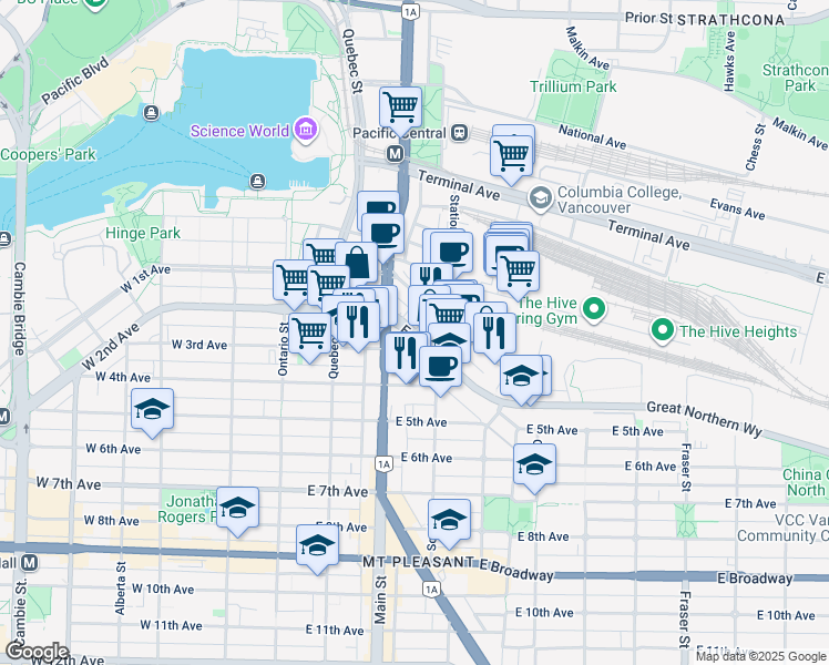 map of restaurants, bars, coffee shops, grocery stores, and more near Lorne Street in Vancouver