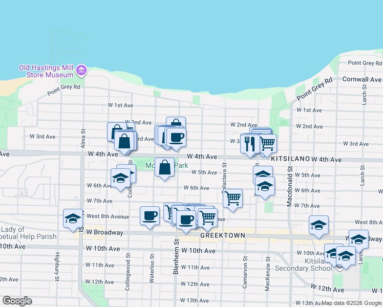 map of restaurants, bars, coffee shops, grocery stores, and more near 3235 West 4th Avenue in Vancouver