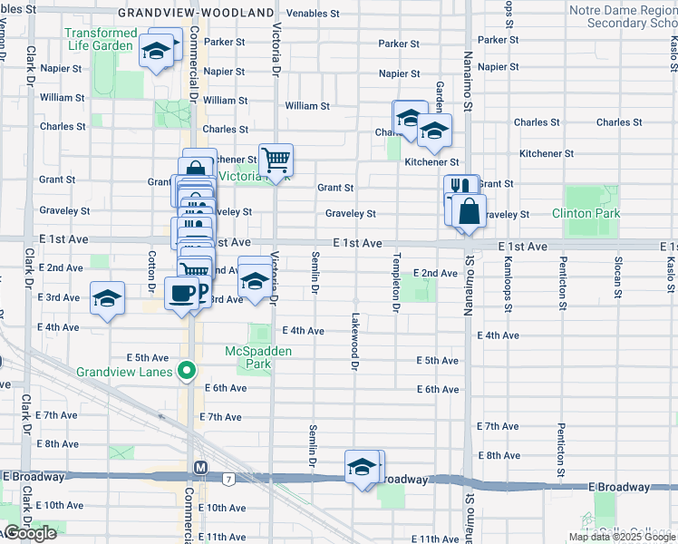 map of restaurants, bars, coffee shops, grocery stores, and more near East 2nd Avenue in Vancouver
