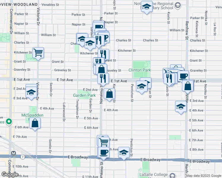 map of restaurants, bars, coffee shops, grocery stores, and more near 2475 East 2nd Avenue in Vancouver