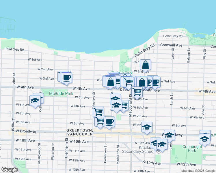 map of restaurants, bars, coffee shops, grocery stores, and more near 2983 West 4th Avenue in Vancouver