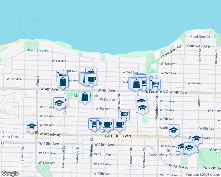 map of restaurants, bars, coffee shops, grocery stores, and more near 3165 West 4th Avenue in Vancouver