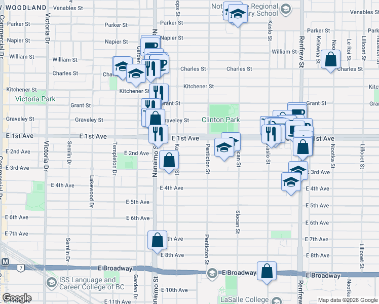 map of restaurants, bars, coffee shops, grocery stores, and more near 2541 East 2nd Avenue in Vancouver