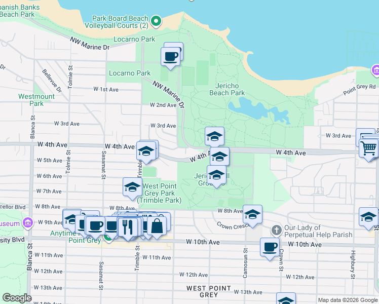 map of restaurants, bars, coffee shops, grocery stores, and more near in Vancouver