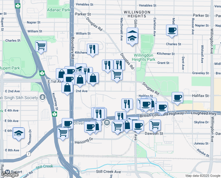 map of restaurants, bars, coffee shops, grocery stores, and more near 3934 1st Avenue in Burnaby