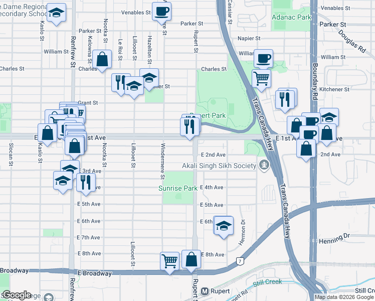 map of restaurants, bars, coffee shops, grocery stores, and more near 3281 East 2nd Avenue in Vancouver